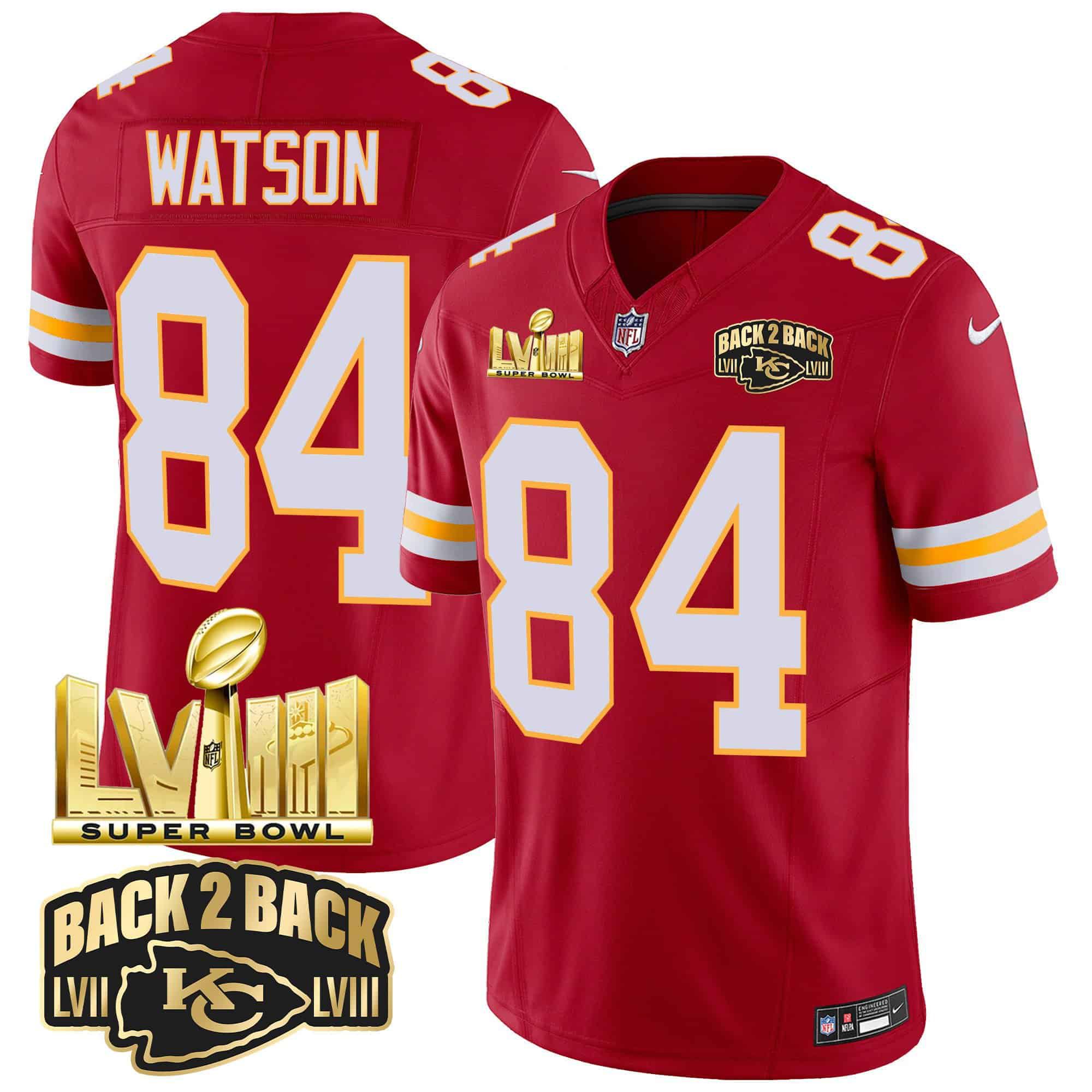 Men Kansas City Chiefs #84 Watson Red 2024 Nike Super Bowl LVIII & Back-2-Back Gold Patch Vapor NFL Jersey style 3
